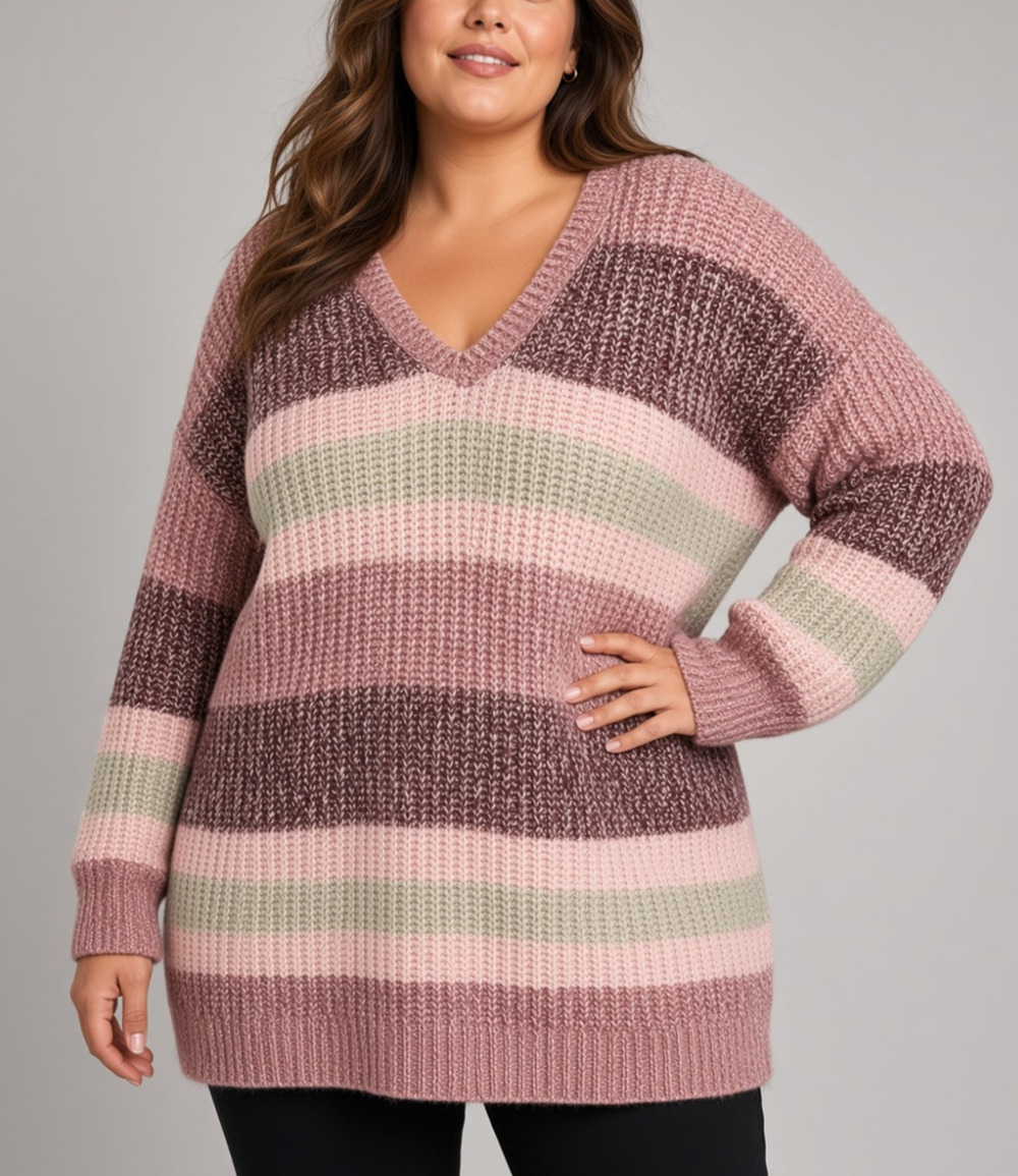 Torrid Women's Plus 4X (26) Pink Striped Oversized V Neck Tunic Sweater Casual